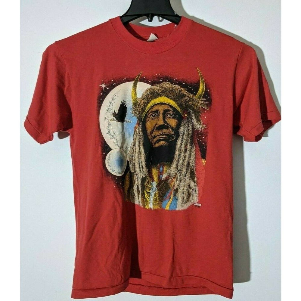 Vintage Single Stitch Native American Indian Red T-Shirt Eagle Moon Size Large